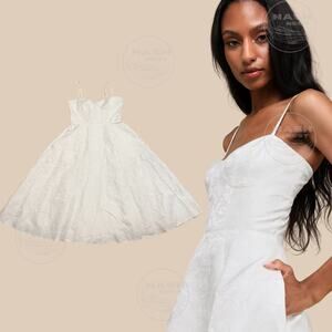 Lulus Large White Jacquard Bustier Midi Dress | Sweetheart Neckline, Pockets NWT